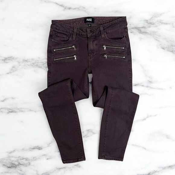 PAIGE Edgemont Ankle Skinny Jeans Size 28 Faded Mulberry Moto Zip Transcend - Picture 1 of 11